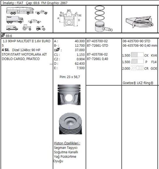 PİSTON SEGMAN 69.60 MM 0.40 FARKLI EURO 5 FİAT FİORİNO