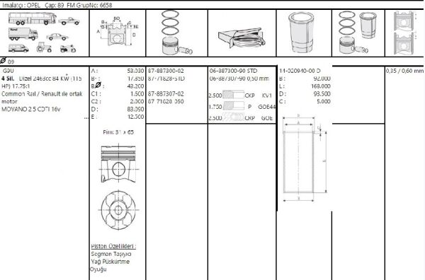 PİSTON SEGMAN 89.50 MM 0.50 FARKLI G9U RENAULT MASTER 2