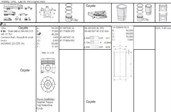 PİSTON SEGMAN 89.00 MM G9U RENAULT MASTER 2