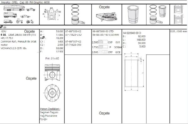 PİSTON SEGMAN 89.00 MM 0.20 KISA G9U RENAULT MASTER 2