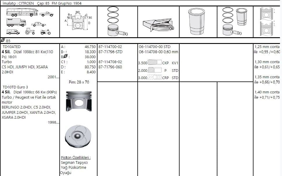 SEGMAN 85.00 MM DW10 PEUGEOT PARTNER