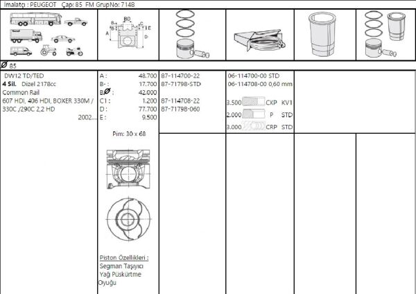 PİSTON SEGMAN 85.00 MM DW12 PEUGEOT BOXER 2